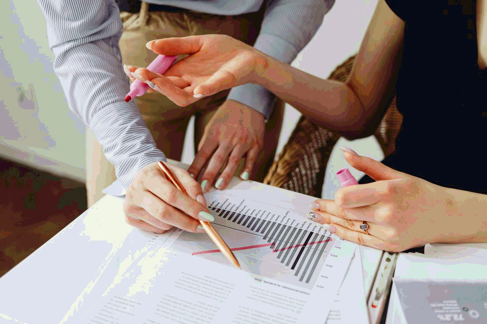 Team looking at diagrams and insights in an office during feedback review