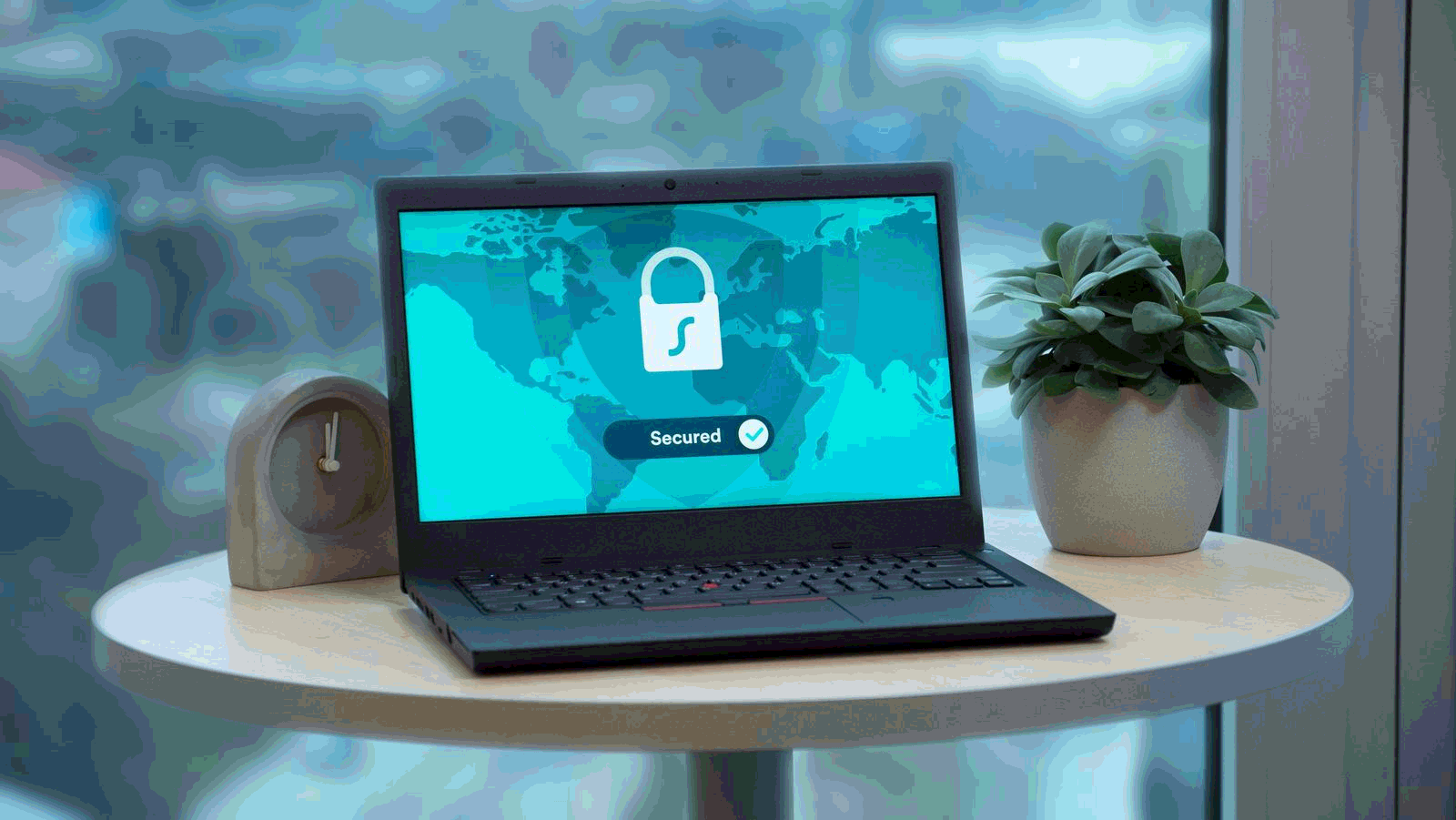 Laptop displaying a secured lock icon on a desk with a plant and clock by a window