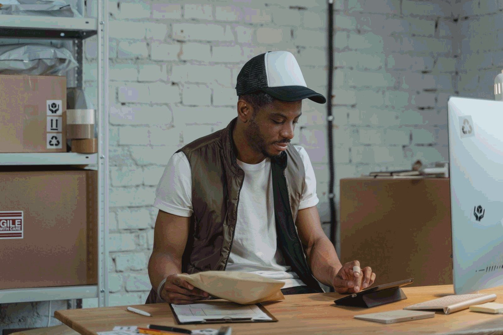 Warehouse employee holding a parcel and using a tablet for e-commerce logistics
