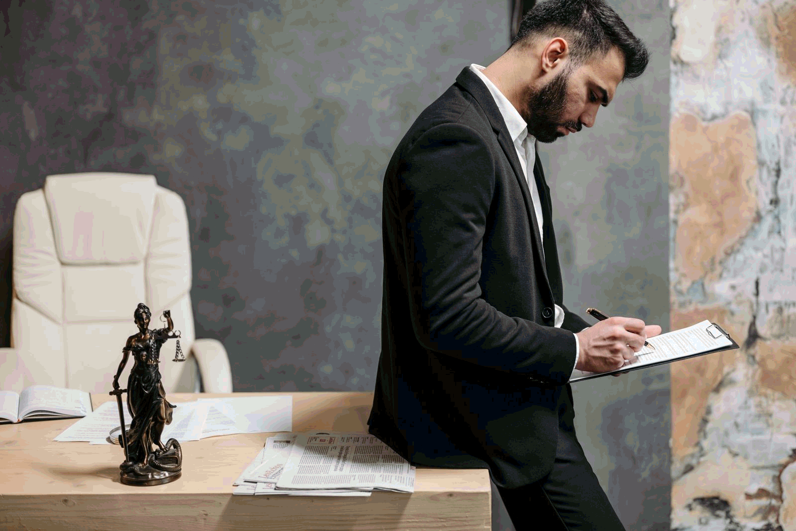 Lawyer in a black suit reviewing a contract at an office desk