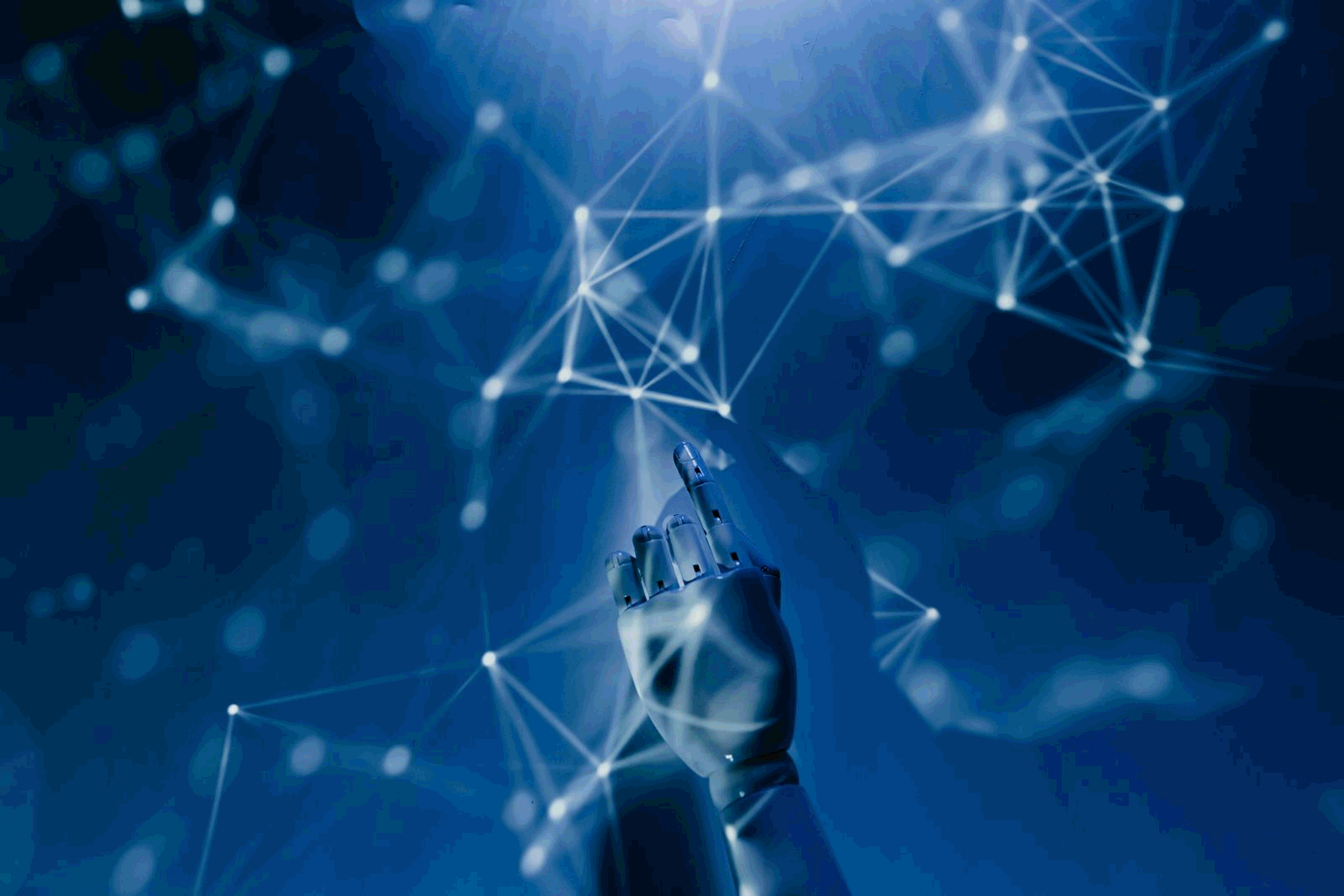 Abstract data and network visualization representing AI terminology and concepts