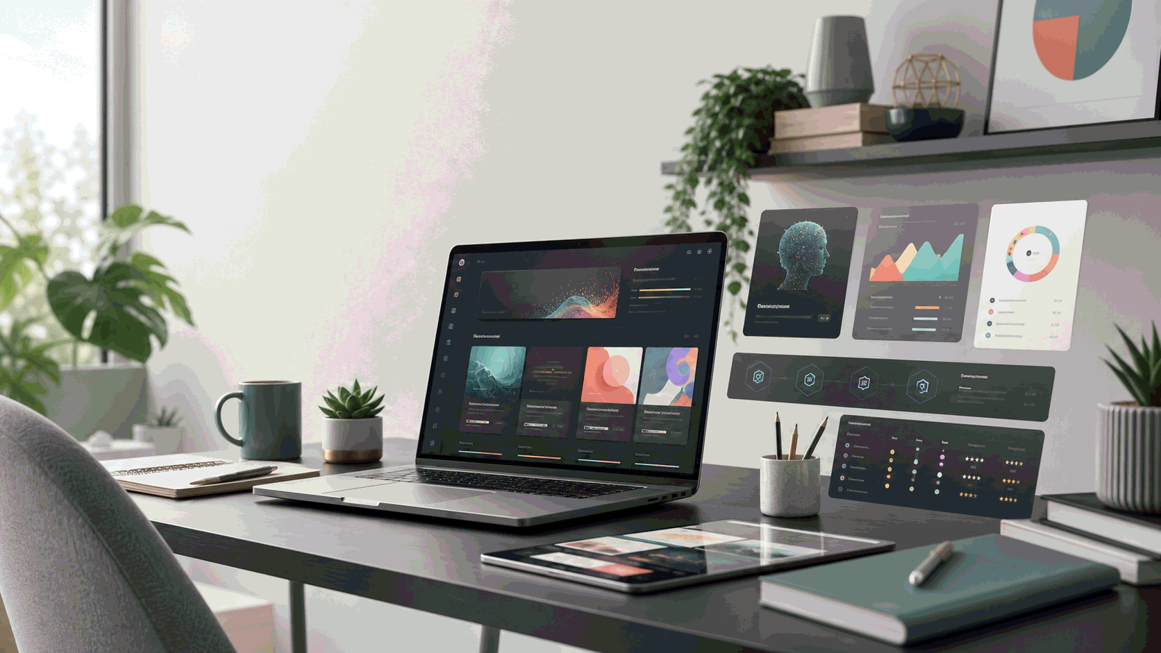 Modern AI workstation with code, data visualizations, and AI assistant panels