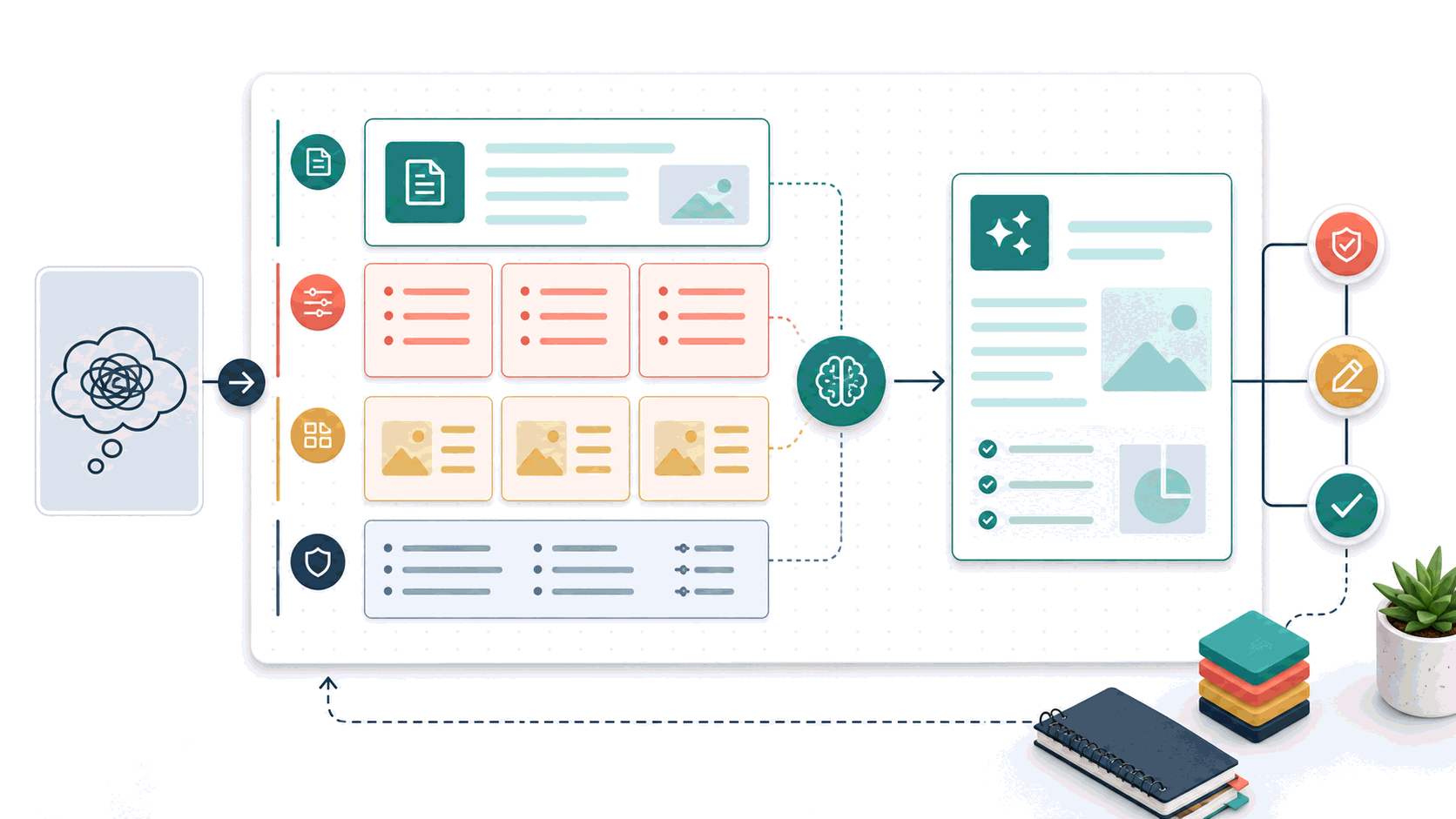 Prompt workflow visual showing context, constraints, examples, output format, and review gates
